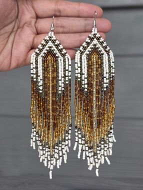 Bronze Southwestern Boho Beaded Fringe Earrings Handmade Long Jewelry Boheme XL